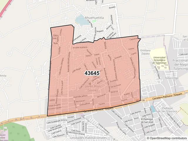 Mapa del código postal 43645, Tulancingo de Bravo, Hidalgo
