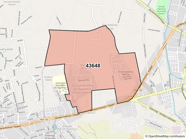 Mapa del código postal 43648, Tulancingo de Bravo, Hidalgo