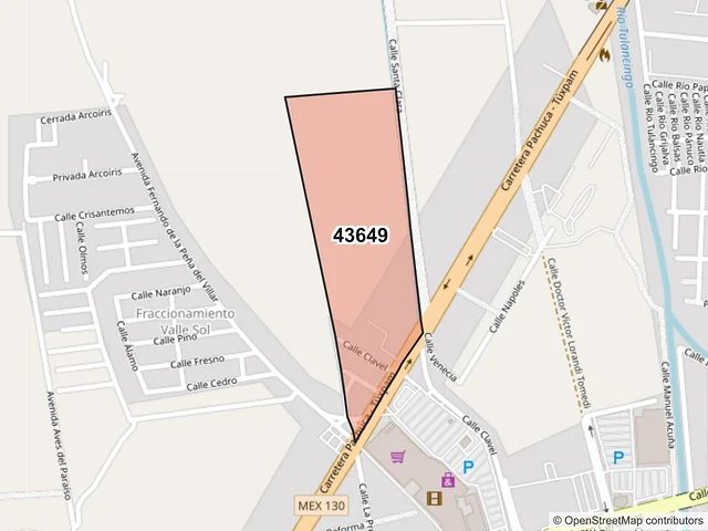 Mapa del código postal 43649, Tulancingo de Bravo, Hidalgo