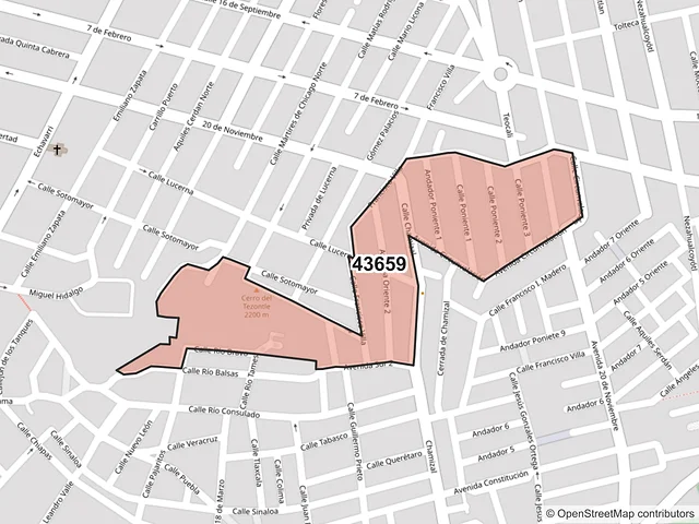 Mapa del código postal 43659, Tulancingo de Bravo, Hidalgo