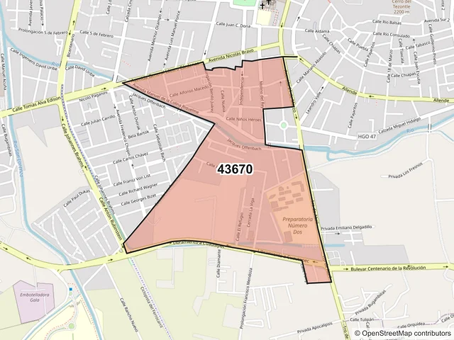 Mapa del código postal 43670, Tulancingo de Bravo, Hidalgo