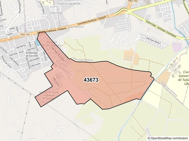 Mapa del código postal 43673, Tulancingo de Bravo, Hidalgo