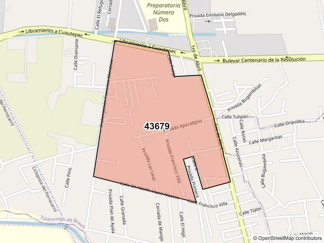 Mapa del código postal 43679, Tulancingo de Bravo, Hidalgo