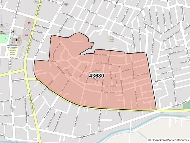 Mapa del código postal 43680, Tulancingo de Bravo, Hidalgo