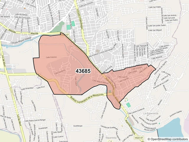 Mapa del código postal 43685, Tulancingo de Bravo, Hidalgo