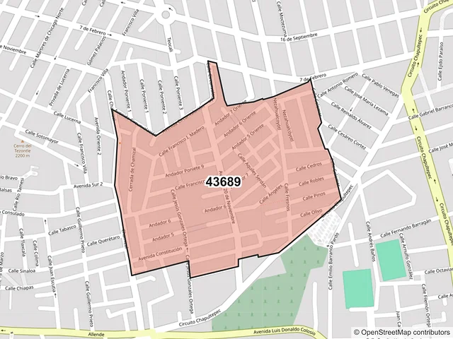 Mapa del código postal 43689, Tulancingo de Bravo, Hidalgo