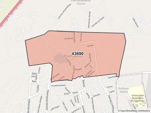 Mapa del código postal 43690, Tulancingo de Bravo, Hidalgo