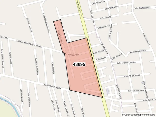 Mapa del código postal 43695, Tulancingo de Bravo, Hidalgo
