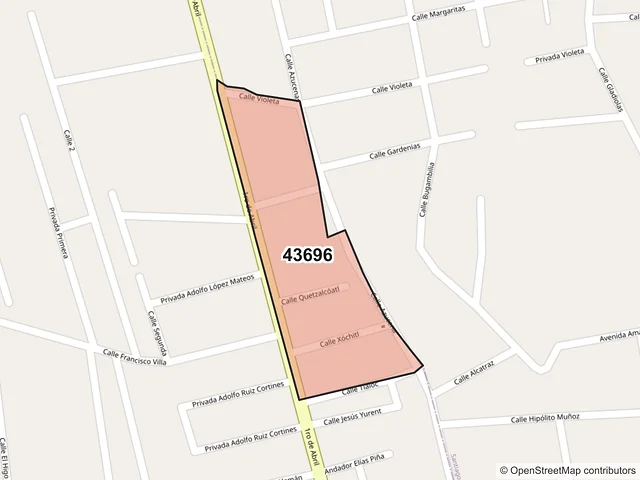 Mapa del código postal 43696, Tulancingo de Bravo, Hidalgo