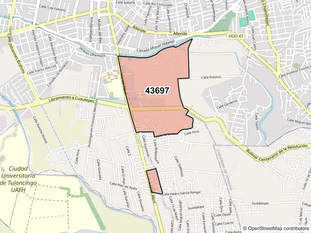 Mapa del código postal 43697, Tulancingo de Bravo, Hidalgo