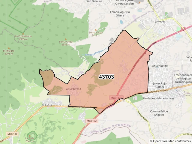Mapa del código postal 43703, Tulancingo de Bravo, Hidalgo