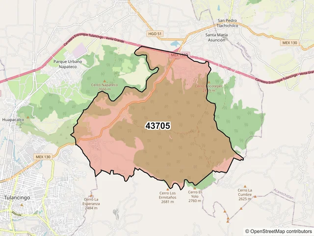 Mapa del código postal 43705, Tulancingo de Bravo, Hidalgo