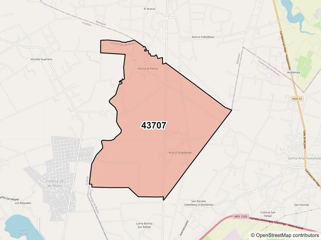 Mapa del código postal 43707, Tulancingo de Bravo, Hidalgo