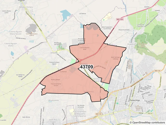Mapa del código postal 43709, Tulancingo de Bravo, Hidalgo