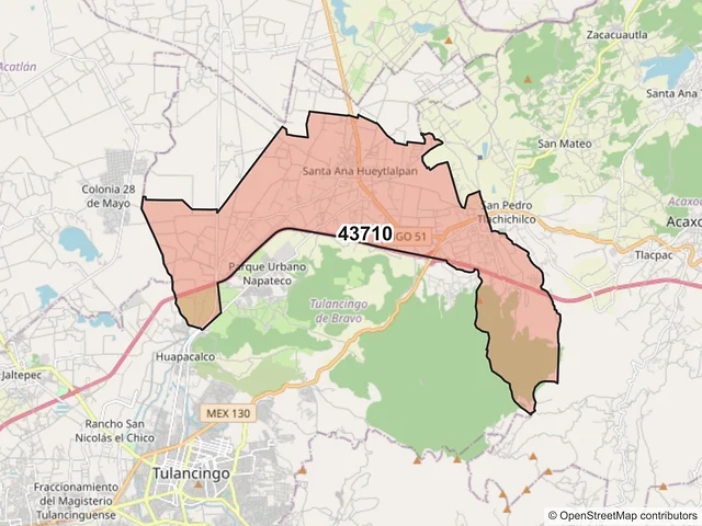 Mapa del código postal 43710, Tulancingo de Bravo, Hidalgo