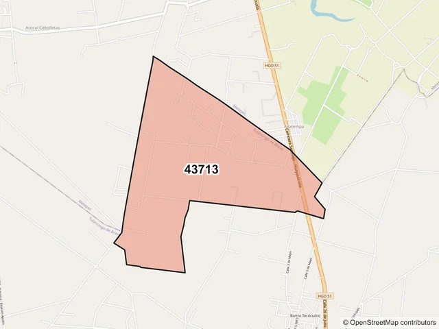 Mapa del código postal 43713, Tulancingo de Bravo, Hidalgo