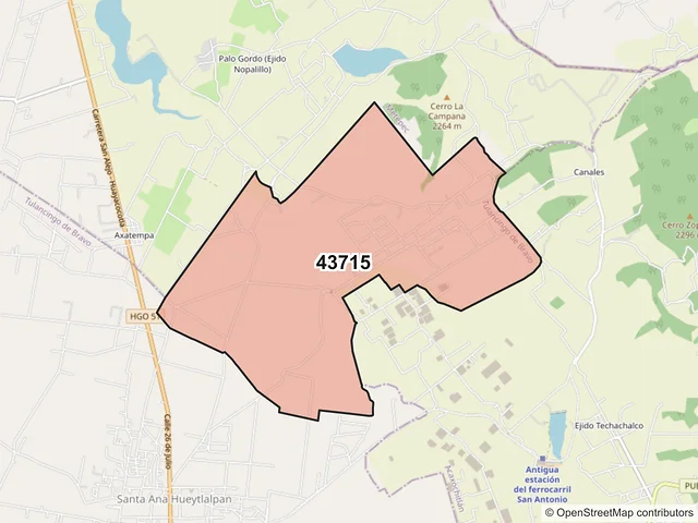 Mapa del código postal 43715, Tulancingo de Bravo, Hidalgo