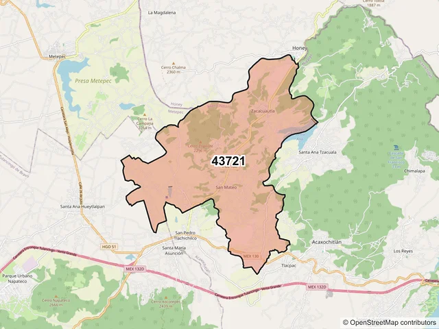 Mapa del código postal 43721, Acaxochitlán, Hidalgo