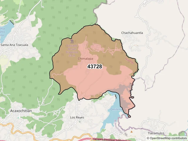 Mapa del código postal 43728, Acaxochitlán, Hidalgo