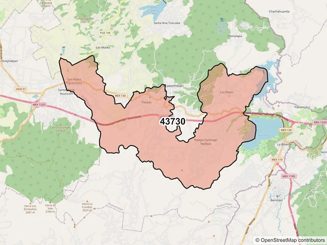Mapa del código postal 43730, Acaxochitlán, Hidalgo
