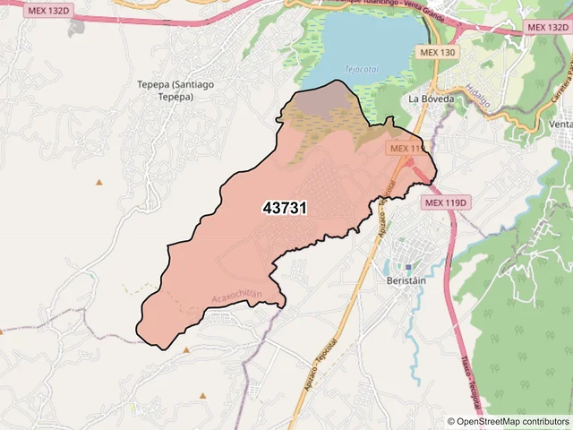 Mapa del código postal 43731, Acaxochitlán, Hidalgo