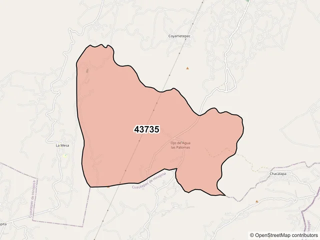 Mapa del código postal 43735, Acaxochitlán, Hidalgo