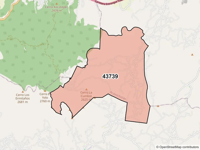 Mapa del código postal 43739, Acaxochitlán, Hidalgo