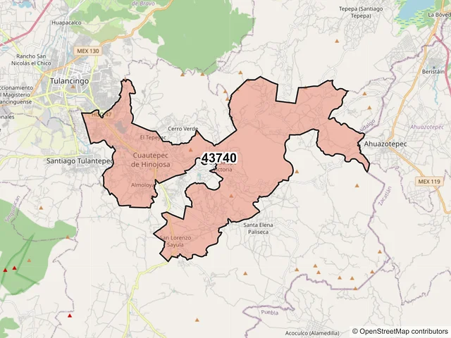 Mapa del código postal 43740, Cuautepec de Hinojosa, Hidalgo