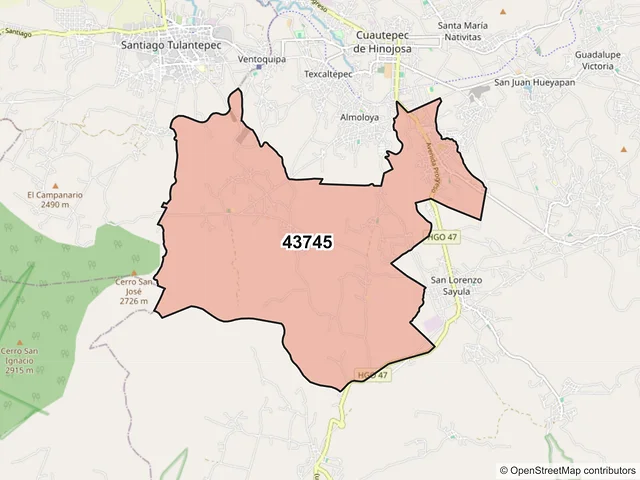 Mapa del código postal 43745, Cuautepec de Hinojosa, Hidalgo