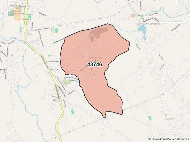 Mapa del código postal 43746, Cuautepec de Hinojosa, Hidalgo
