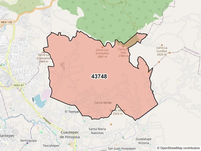 Mapa del código postal 43748, Cuautepec de Hinojosa, Hidalgo