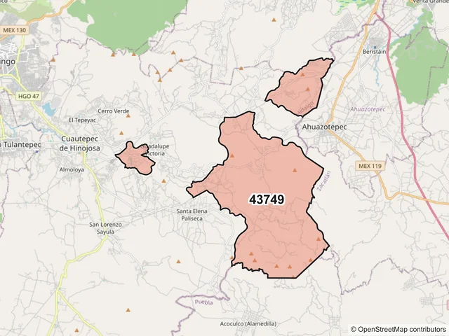 Mapa del código postal 43749, Cuautepec de Hinojosa, Hidalgo