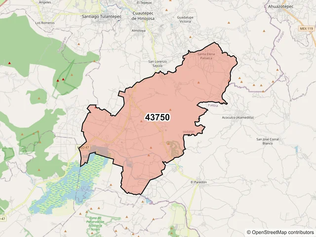 Mapa del código postal 43750, Cuautepec de Hinojosa, Hidalgo