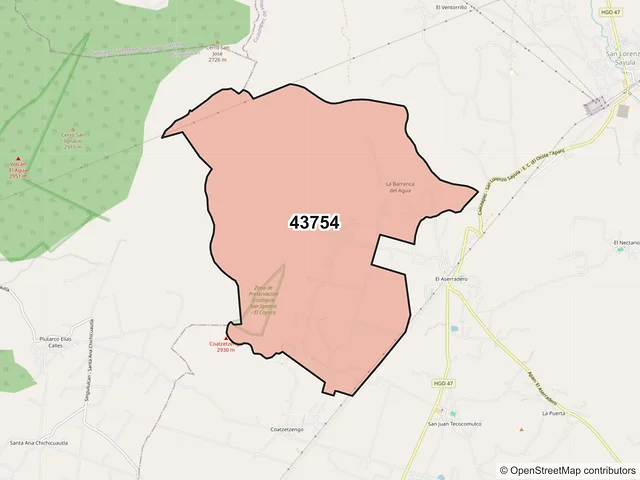 Mapa del código postal 43754, Cuautepec de Hinojosa, Hidalgo