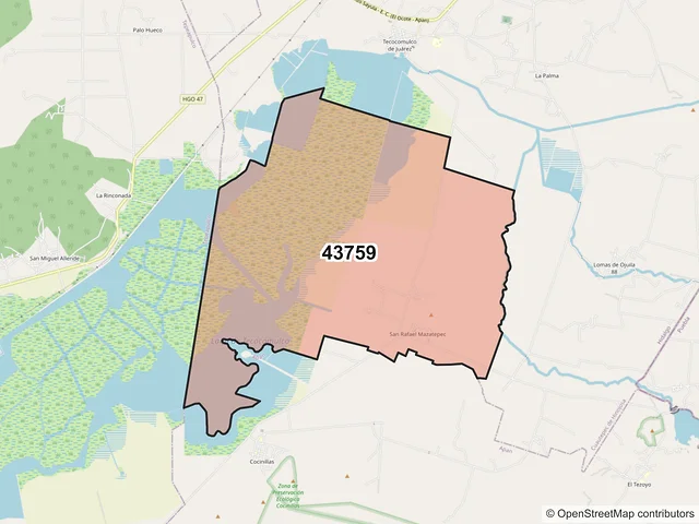 Mapa del código postal 43759, Cuautepec de Hinojosa, Hidalgo