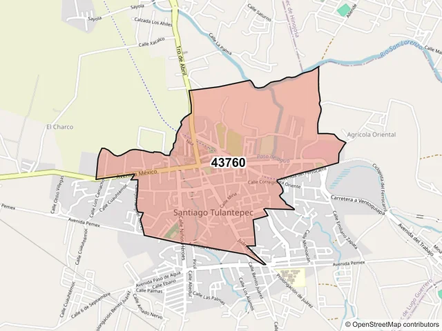 Mapa del código postal 43760, Santiago Tulantepec de Lugo Guerrero, Hidalgo