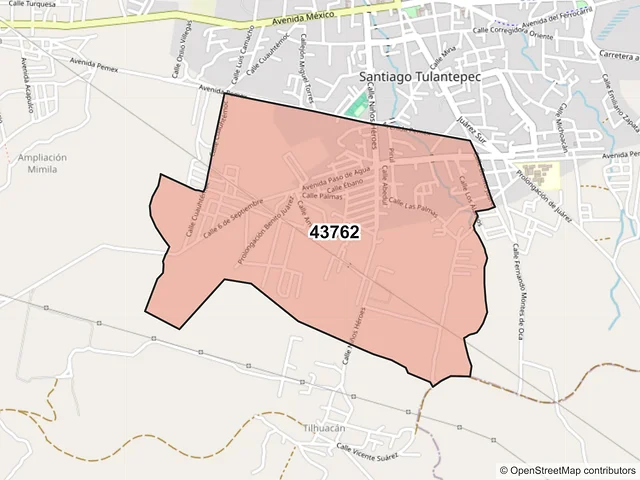 Mapa del código postal 43762, Santiago Tulantepec de Lugo Guerrero, Hidalgo