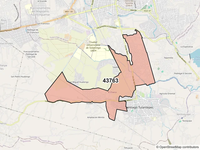 Mapa del código postal 43763, Santiago Tulantepec de Lugo Guerrero, Hidalgo