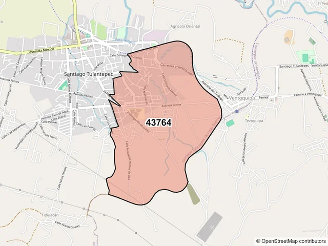 Mapa del código postal 43764, Santiago Tulantepec de Lugo Guerrero, Hidalgo