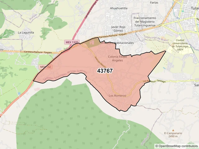 Mapa del código postal 43767, Santiago Tulantepec de Lugo Guerrero, Hidalgo