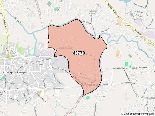 Mapa del código postal 43770, Santiago Tulantepec de Lugo Guerrero, Hidalgo