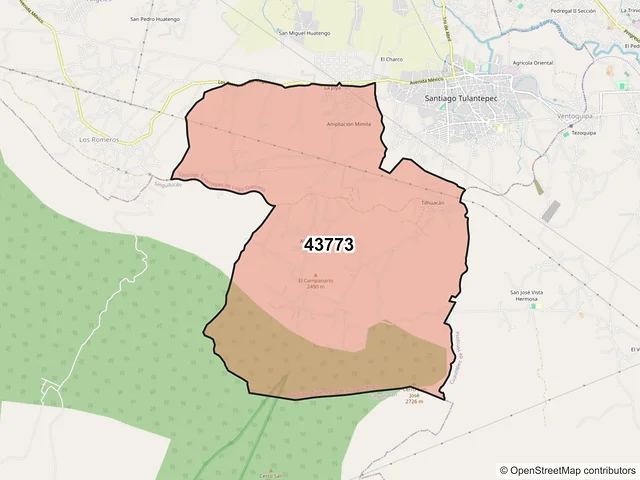 Mapa del código postal 43773, Santiago Tulantepec de Lugo Guerrero, Hidalgo