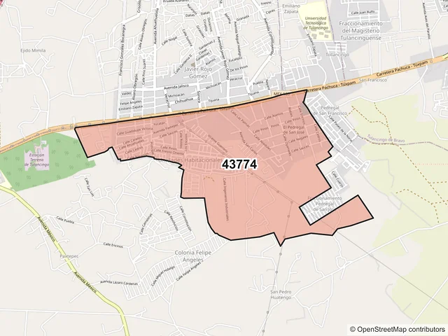 Mapa del código postal 43774, Santiago Tulantepec de Lugo Guerrero, Hidalgo
