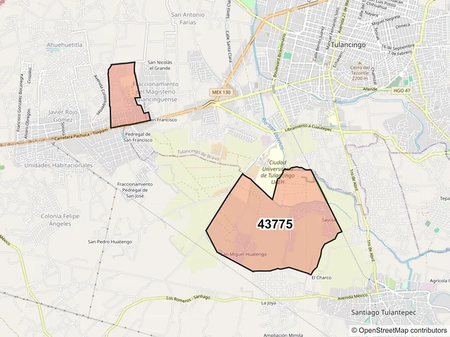 Mapa del código postal 43775, Santiago Tulantepec de Lugo Guerrero, Hidalgo