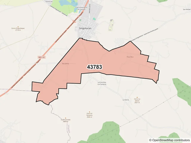 Mapa del código postal 43783, Singuilucan, Hidalgo