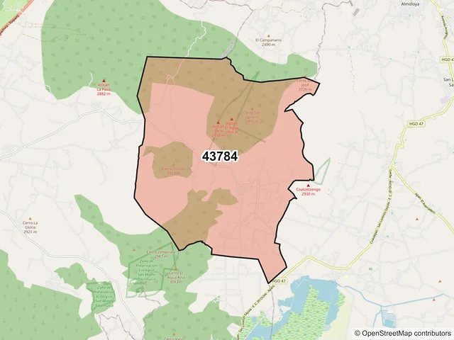 Mapa del código postal 43784, Singuilucan, Hidalgo