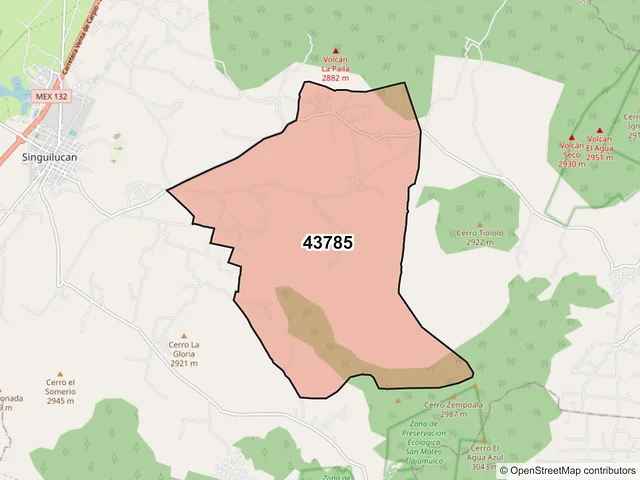 Mapa del código postal 43785, Singuilucan, Hidalgo