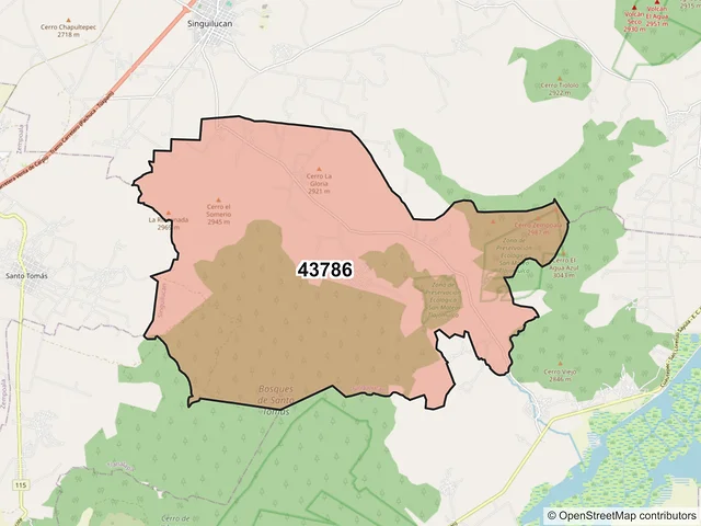 Mapa del código postal 43786, Singuilucan, Hidalgo