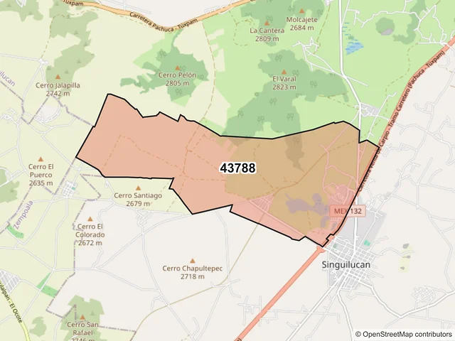 Mapa del código postal 43788, Singuilucan, Hidalgo