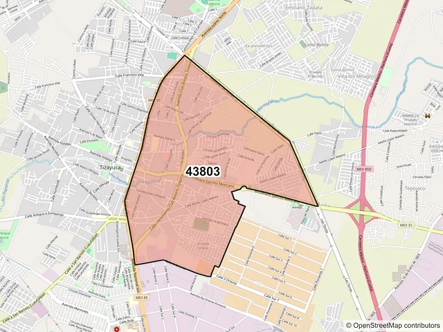 Mapa del código postal 43803, Tizayuca, Hidalgo